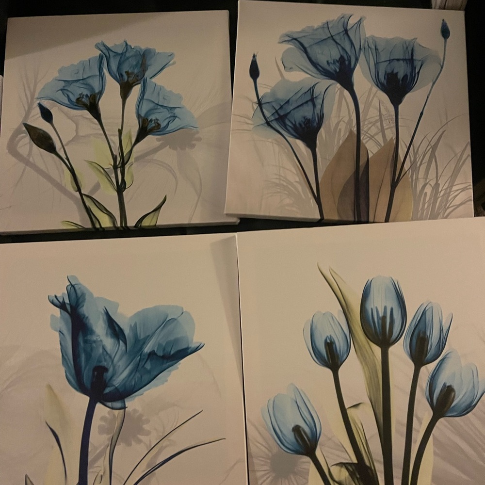 Blue flower tiles on white canvas